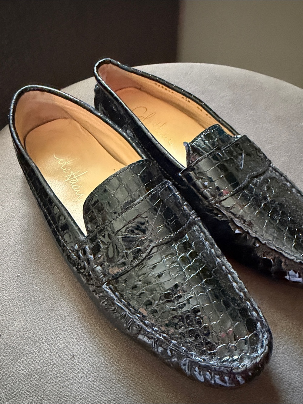 Cole Haan Womens 8.5 Black Patent Leather Mock Croc Driving Loafers Nike Air